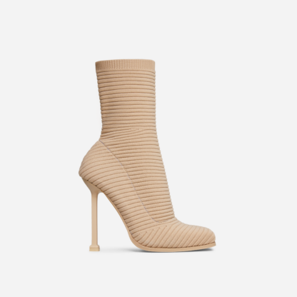 Creamer Square Toe Stiletto Heel Ankle Sock Boot In Nude Ribbed Knit, Nude