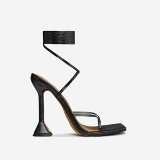 Crossing Lace Up Strappy Square Toe Sculptured Heel In Black Croc Print Faux Leather, Black