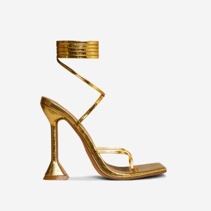 Crossing Lace Up Strappy Square Toe Sculptured Heel In Gold Croc Print Faux Leather, Gold