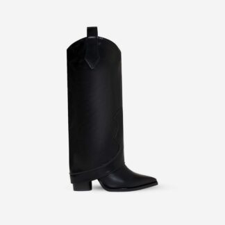 Cuba Pointed Toe Block Heel Knee High Long Western Boot In Black Faux Leather, Black