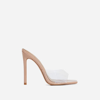 Cyan Square Peep Toe Clear Perspex Heel Mule In Nude Patent, Nude