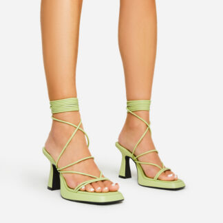 Dakota Lace Up Strappy Square Toe Platform Flared Block Heel In Light Green Faux Leather, Green