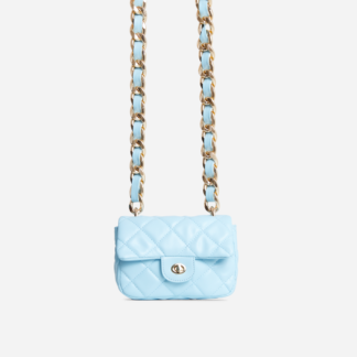 Coral Quilted Chain Strap Detail Cross Body Bag In Blue Faux Leather,, Blue