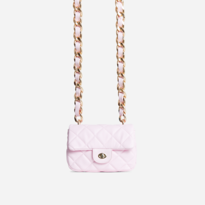 Coral Quilted Chain Strap Detail Cross Body Bag In Pink Faux Leather,, Pink