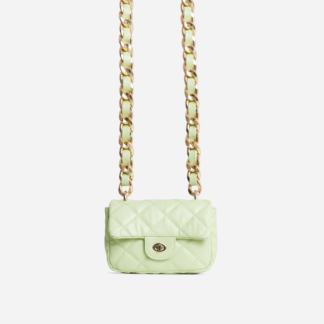 Coral Quilted Chain Strap Detail Cross Body Bag In Green Faux Leather,, Green