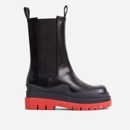 Energy Red Chunky Sole Ankle Chelsea Biker Boot In Black Faux Leather, Black