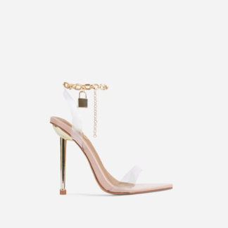 Front-Row Chain Padlock Detail Clear Perspex Pointed Toe Metallic Heel In Nude Patent, Nude