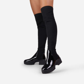 Colorado Knitted Over The Knee Thigh High Long Sock Biker Boot In Black Patent, Black