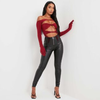 Long Sleeve Cut Out Twisted Strap Detail Bardot Bodysuit In Red, Red