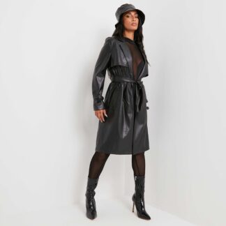 Belted Trench Coat In Black Faux Leather UK Small/Medium S/M, Black