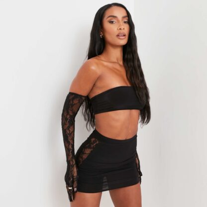 Bandeau Crop Top And Lace Gloves In Black UK 14, Black