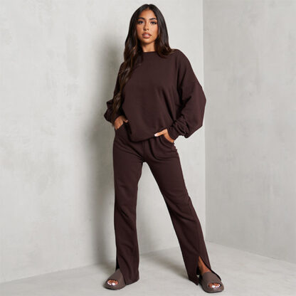 High Waist Split Front Trousers In Dark Brown UK Small S, Brown