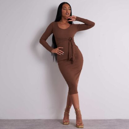 Knitted Tie Waist Midi Dress In Brown, Brown