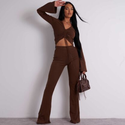 Ribbed Wide Leg Trousers In Brown UK Medium M, Brown