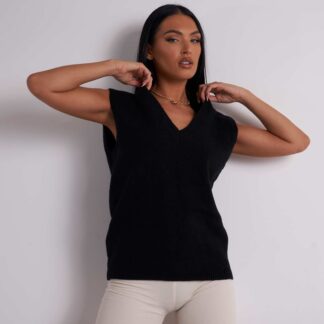 V-Neck Knitted West Top In Black UK, Black