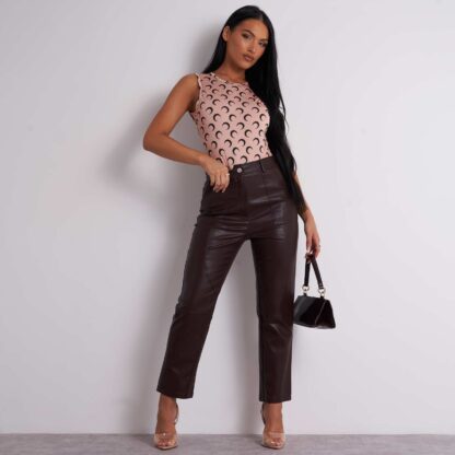 High Waist Straight Leg Trousers In Brown Faux Leather UK Large L, Brown