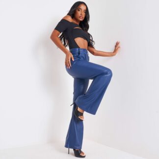 Rima High Waist Straight Leg Trousers In Blue Faux Leather, Blue