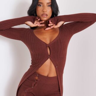 Malia Cut Out Thumb Detail Long Sleeve Maxi Cardigan In Brown Ribbed Knit, Brown