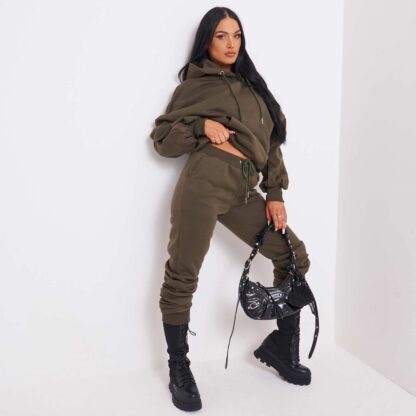 Ruched Detail Jogger And Hoodie Set In Khaki Green UK Small S, Green