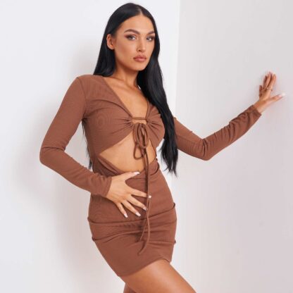 Cut Out Detail Long Sleeve Mini Dress In Brown, Brown