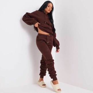 Ruched Detail Jogger And Hoodie Set In Dark Brown UK Large L, Brown