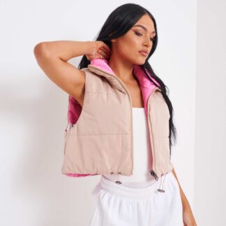 Cropped Reversible Gilet In Beige And Pink UK Medium M, Nude