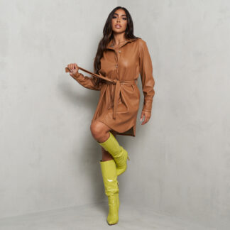 Tie Up Shirt Dress In Tan Brown Faux Leather UK, Brown