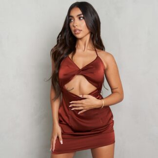 Twisted Cut Out Detail Mini Dress In Brown Satin UK 14, Brown