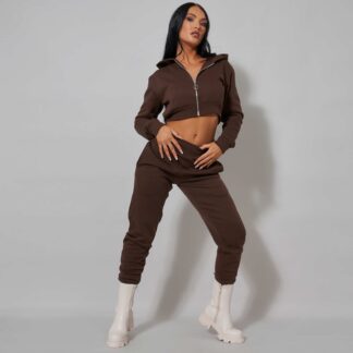 Zip Up Hoodie And Jogger Set In Dark Brown UK Small S, Brown