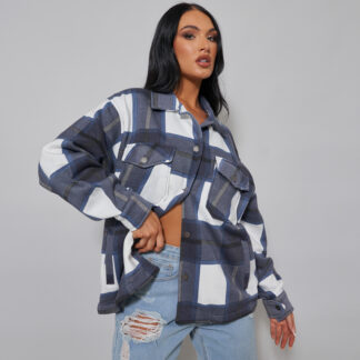 Button Front Plaid Jacket In Navy Blue And White UK Small S, Blue