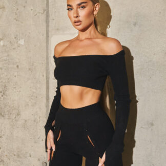 Hunt Scoop Neck Cut Out Thumb Detail Long Sleeve Crop Top In Black Ribbed Knit UK 12, Black