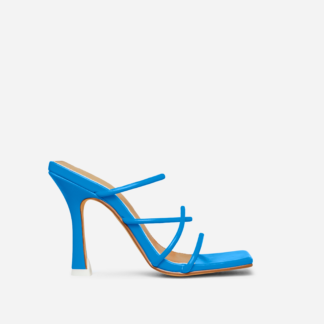 Blissy Twisted Strap Square Toe Heel Mule In Blue Faux Leather, Blue