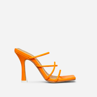 Blissy Twisted Strap Square Toe Heel Mule In Orange Faux Leather, Orange