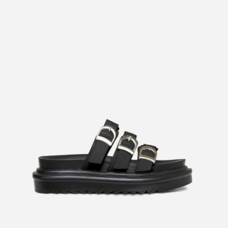 Elm Triple Buckle Strap Chunky Sole Flat Slider Sandal In Black Faux Leather, Black