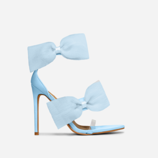 Elvie Clear Perspex Strap Oversized Bow Detail Pointed Toe Stiletto Heel In Blue Satin, Blue