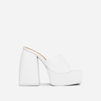 Emerson Square Peep Toe Statement Platform Block Heel Mule In White Faux Leather, White