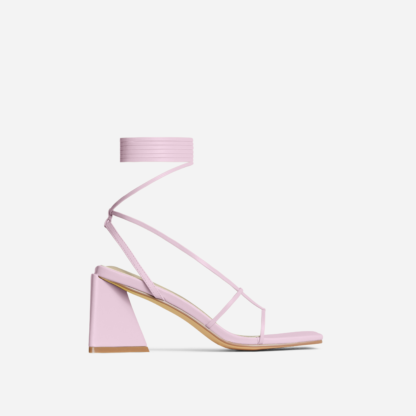 Enchanting Lace Up Strappy Square Toe Low Statement Block Heel In Light Pink Faux Leather, Pink