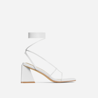 Enchanting Lace Up Strappy Square Toe Low Statement Block Heel In White Faux Leather, White