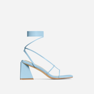 Enchanting Lace Up Strappy Square Toe Low Statement Block Heel In Light Blue Faux Leather, Blue