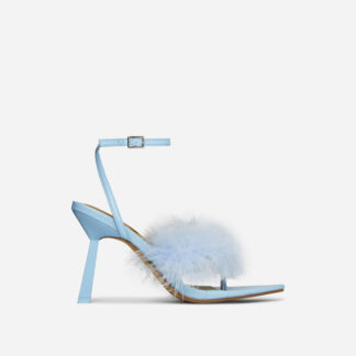 Edna Fluffy Faux Feather Detail Pointed Toe Slanted Heel In Light Blue Faux Leather, Blue