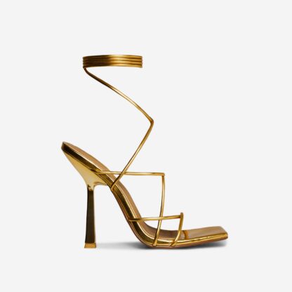 Escaping Lace Up Strappy Square Toe Heel In Gold Metallic Faux Leather, Gold