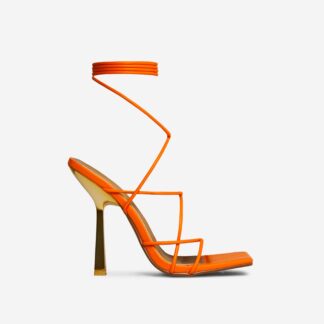 Escaping Lace Up Strappy Square Toe Heel In Orange Faux Leather, Orange