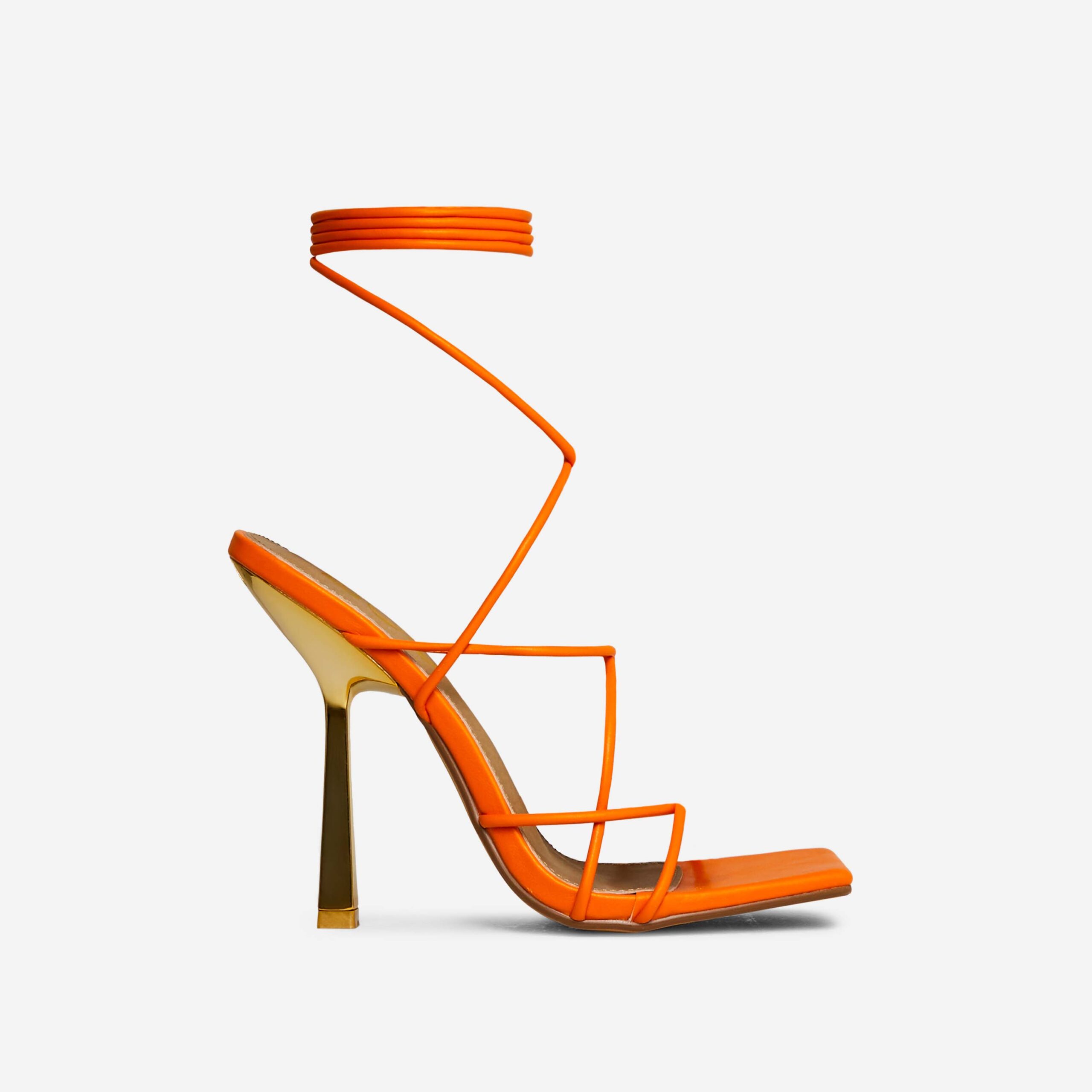 Escaping Lace Up Strappy Square Toe Heel In Orange Faux Leather, Orange