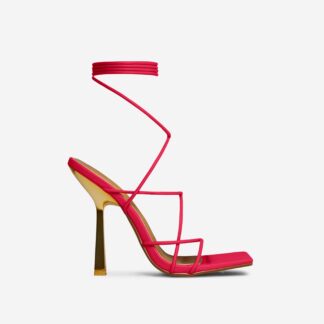 Escaping Lace Up Strappy Square Toe Heel In Pink Faux Leather, Pink