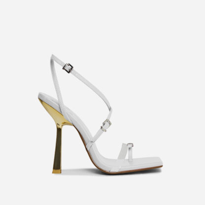 Esme Clear Perspex Buckle Strap Detail Square Toe Statement Heel In White Faux Leather, White