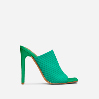 Falbala Square Peep Toe Thin Block Heel Mule In Green Knit, Green