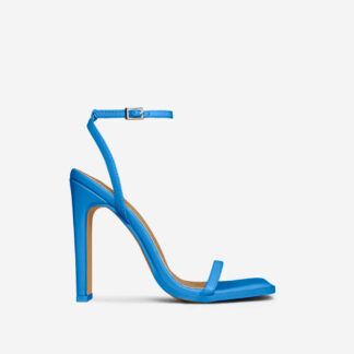 Flor Square Toe Barely There Thin Block Heel In Teal Blue Faux Leather, Blue