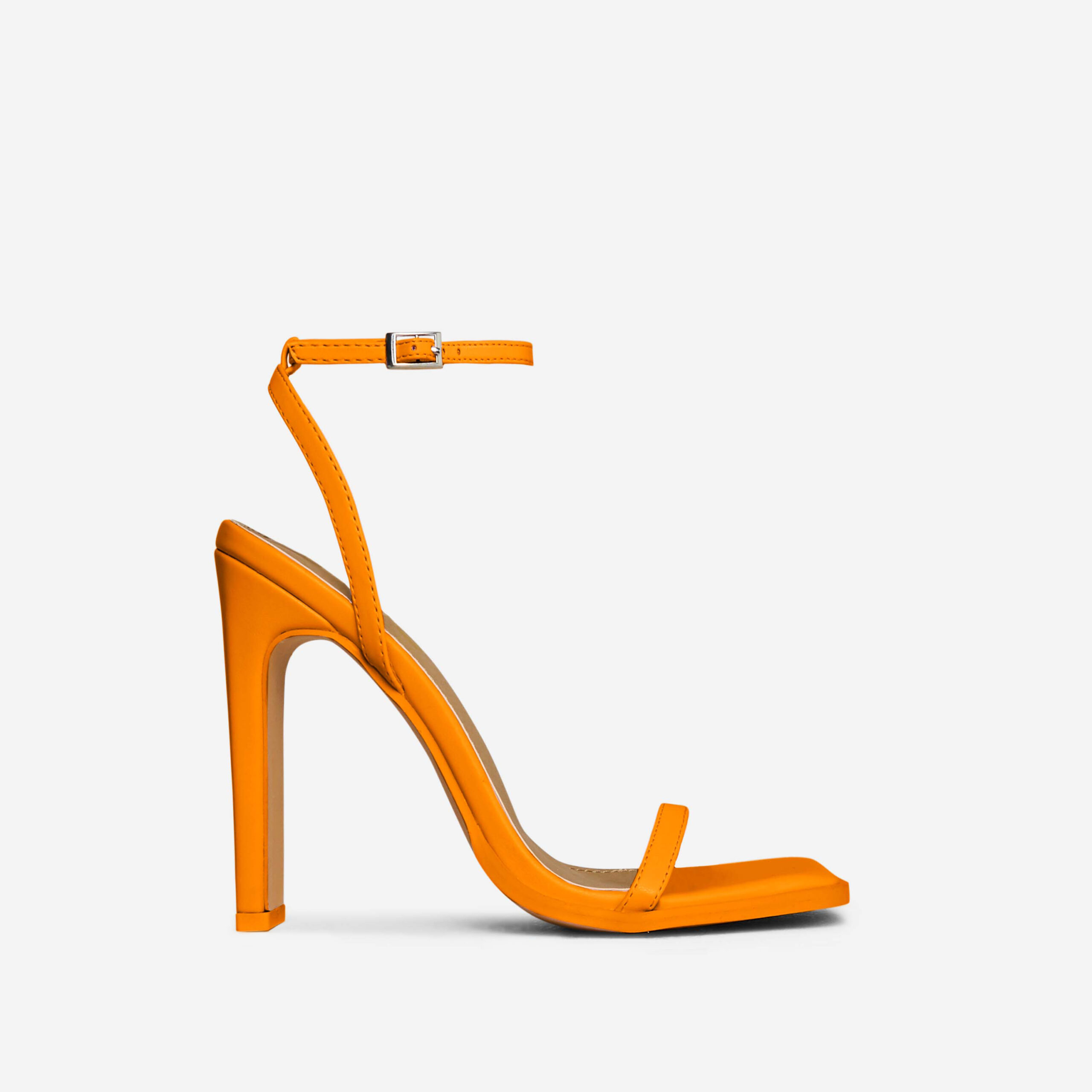 Flor Square Toe Barely There Thin Block Heel In Orange Faux Leather, Orange