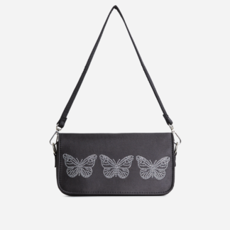 Flutter Diamante Butterfly Detail Shoulder Bag In Black Satin,, Black