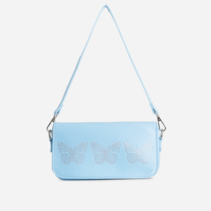 Flutter Diamante Butterfly Detail Shoulder Bag In Blue Satin,, Blue